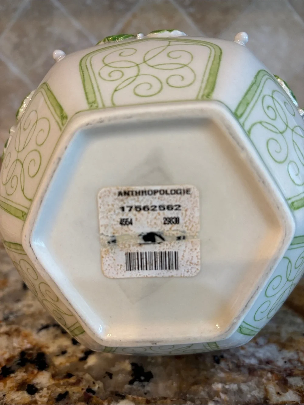 Anthropologie Ceramic Vase with Green Leaf and Yellow Flower Relief